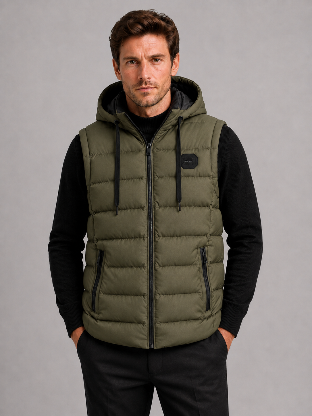 Front view of a man wearing a green hooded puffer vest with cotton padding, thick insulation, sleeveless design, and full zip front