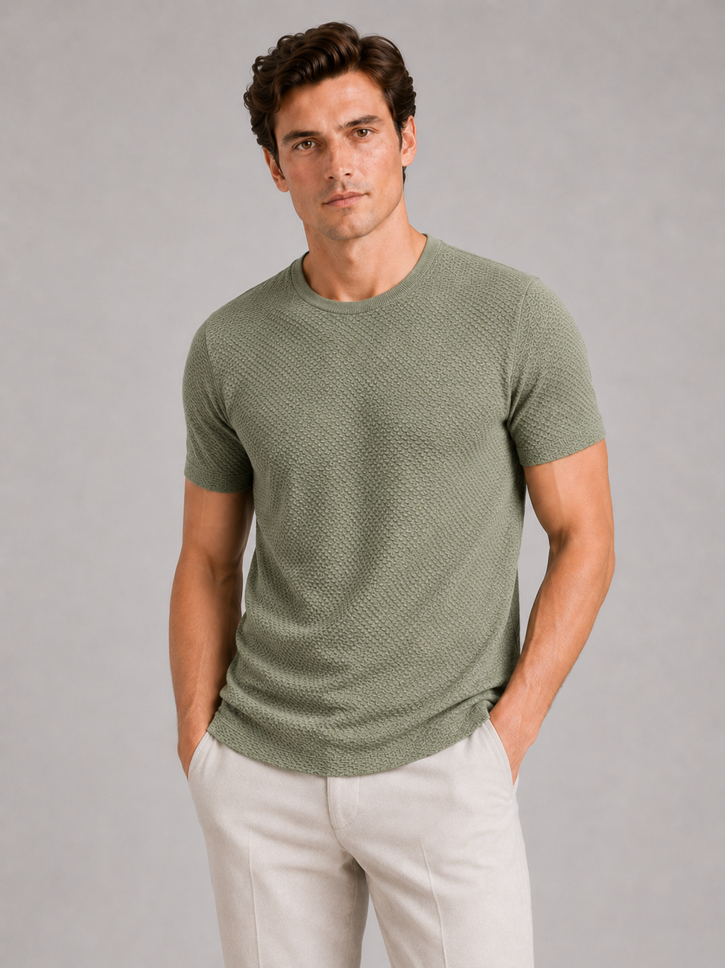 Men wearing green mesh crew neck t shirt breathable lightweight stretch summer casual style