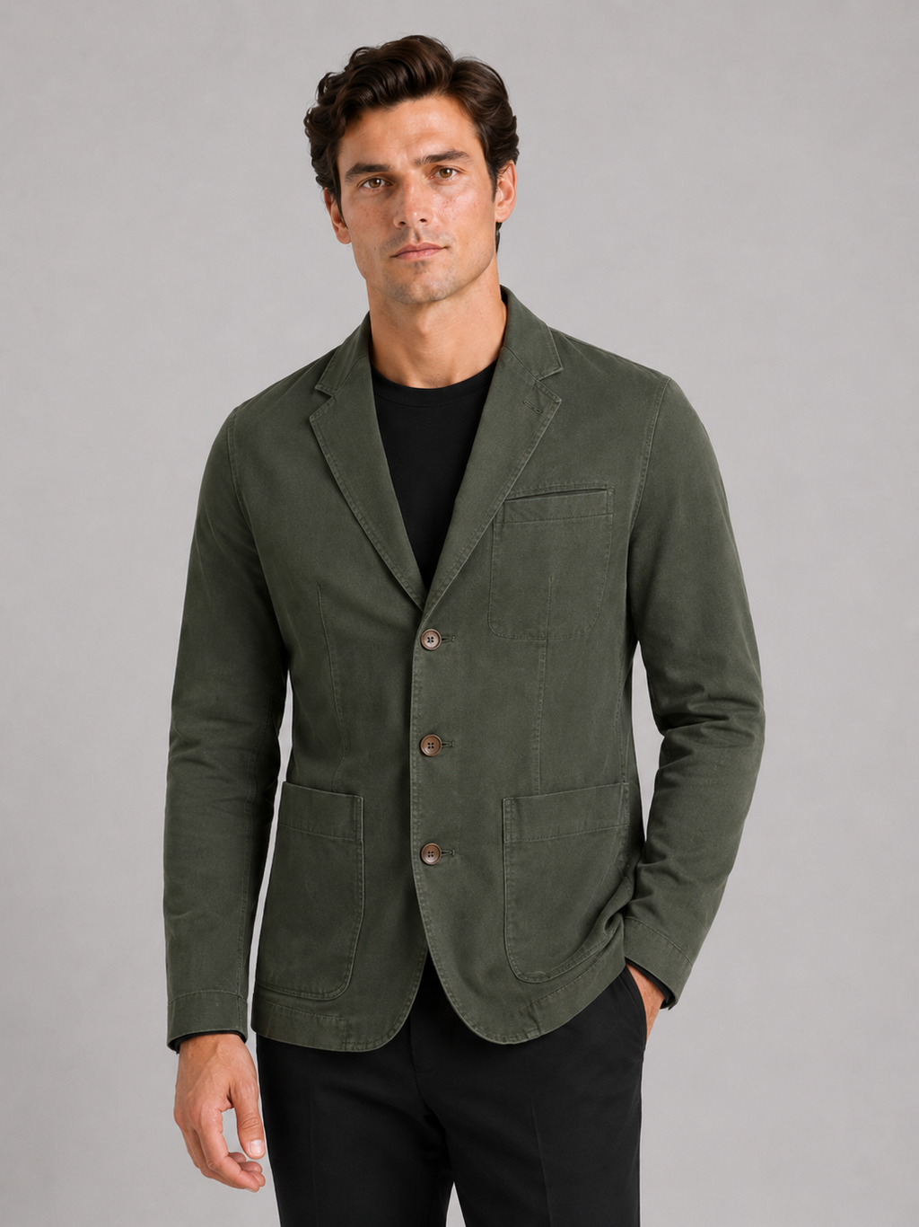 Men wearing green military blazer jacket washed cotton casual fall business casual style