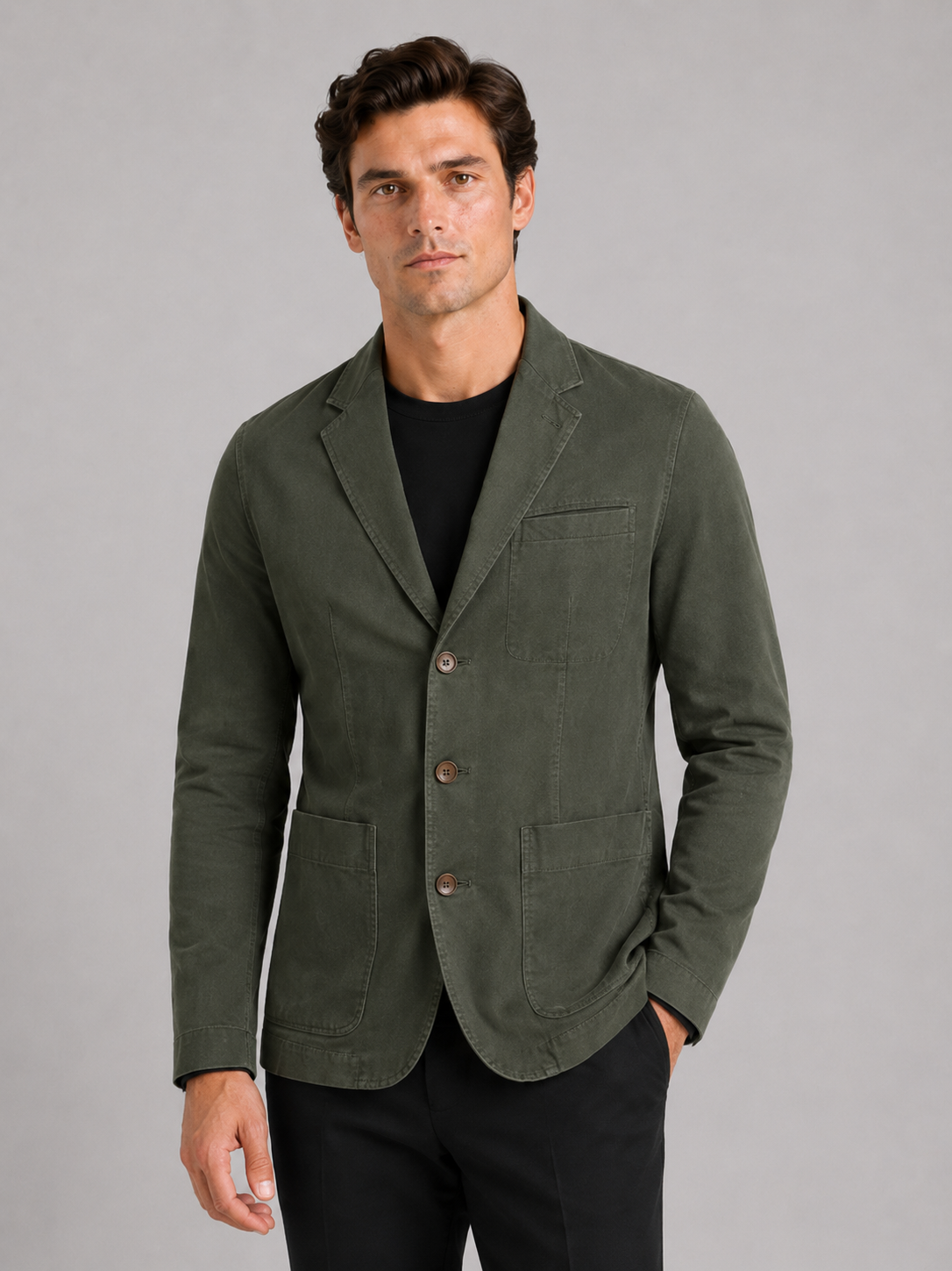 Men wearing green military blazer jacket washed cotton casual fall business casual style