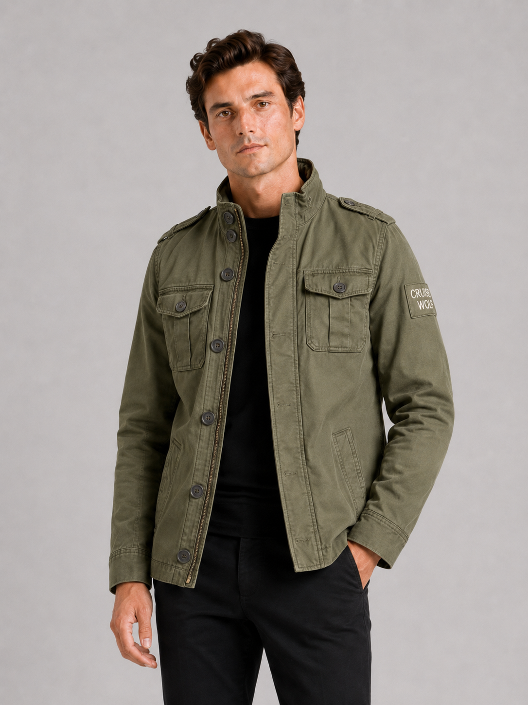 Men wearing green military cargo jacket heavyweight cotton multi pocket stand collar workwear style