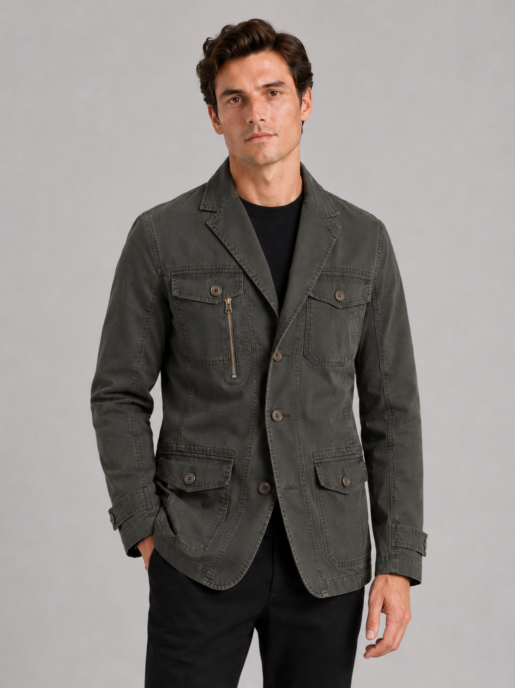Men wearing green military fall jacket 100 percent cotton multi pocket outdoor workwear style