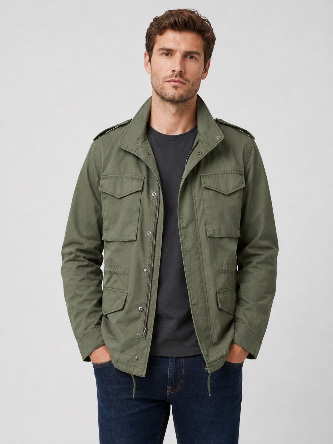 Men wearing green military field jacket 100 percent cotton multi pocket zip up fall outdoor style