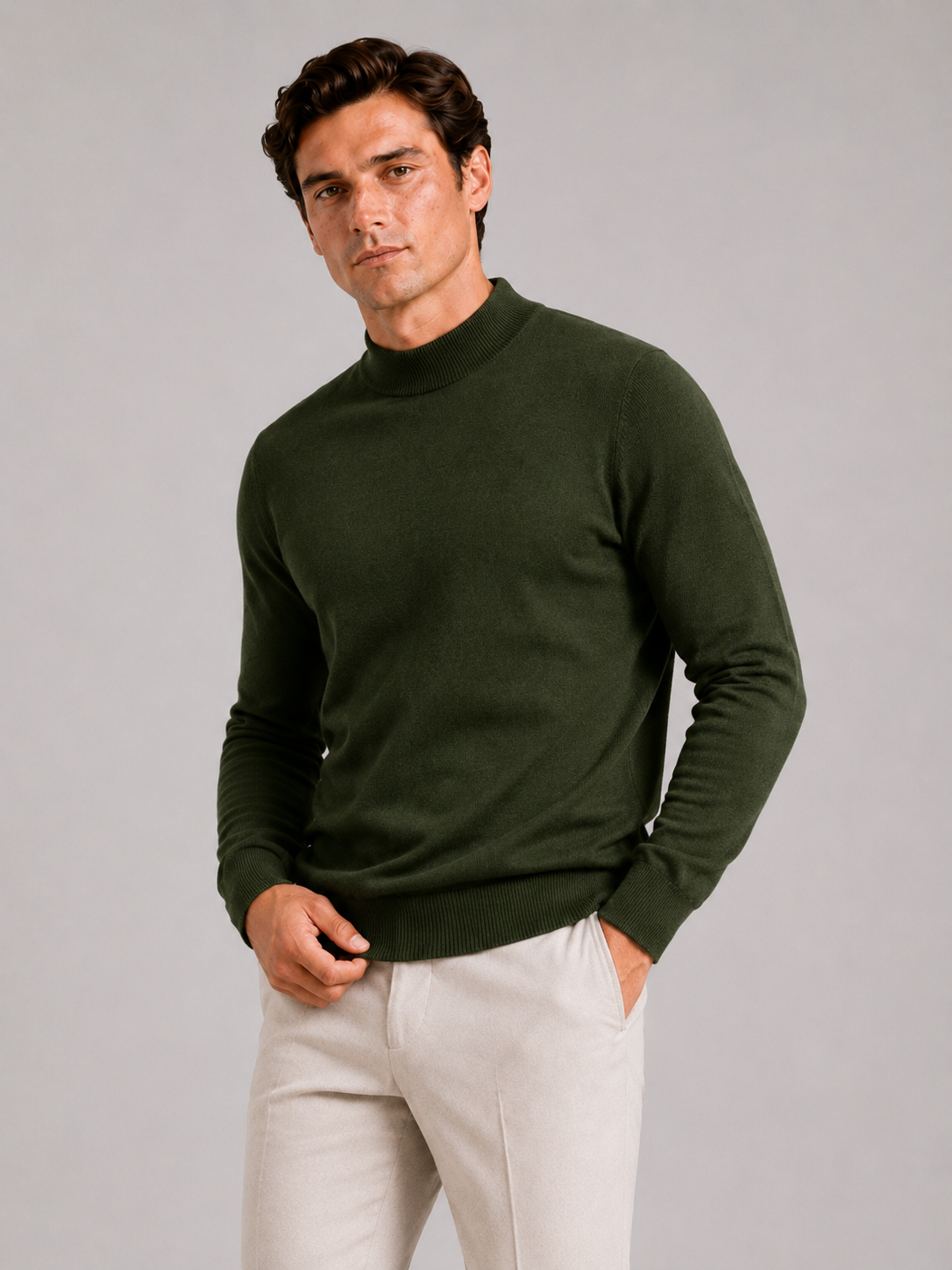 Men wearing green mock neck sweater slim fit knit pullover warm winter casual style