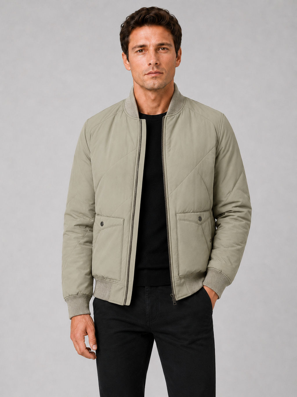 Men wearing green padded baseball jacket cotton warm fall winter casual style