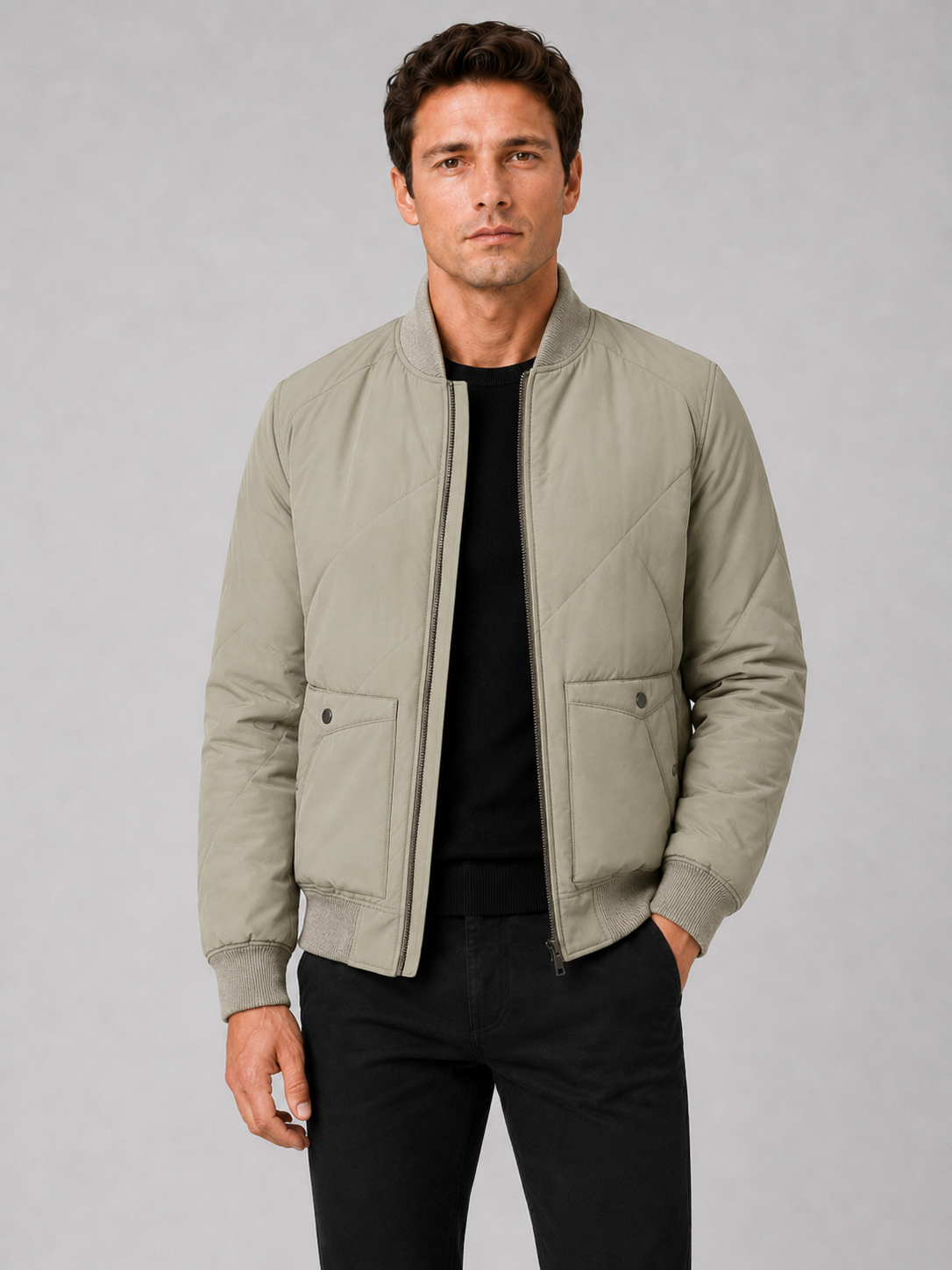 Men wearing green padded baseball jacket cotton warm fall winter casual style