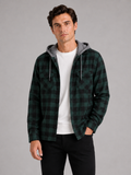 Men wearing green plaid hooded flannel jacket long sleeve button down fall casual style