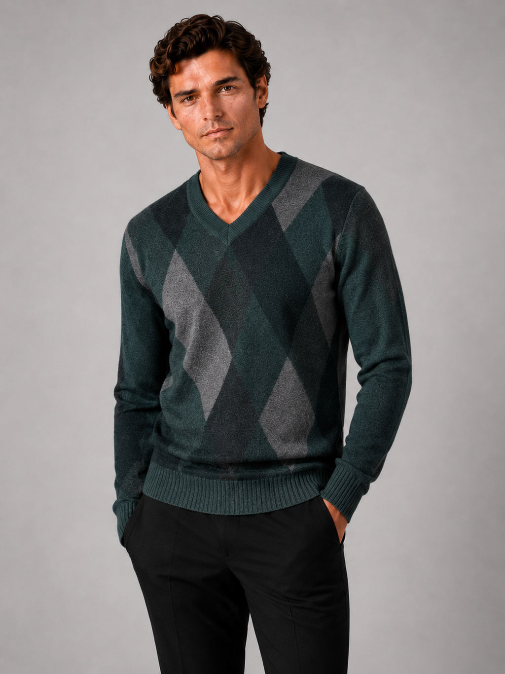 Men wearing green plaid v neck knit sweater long sleeve fall business casual style