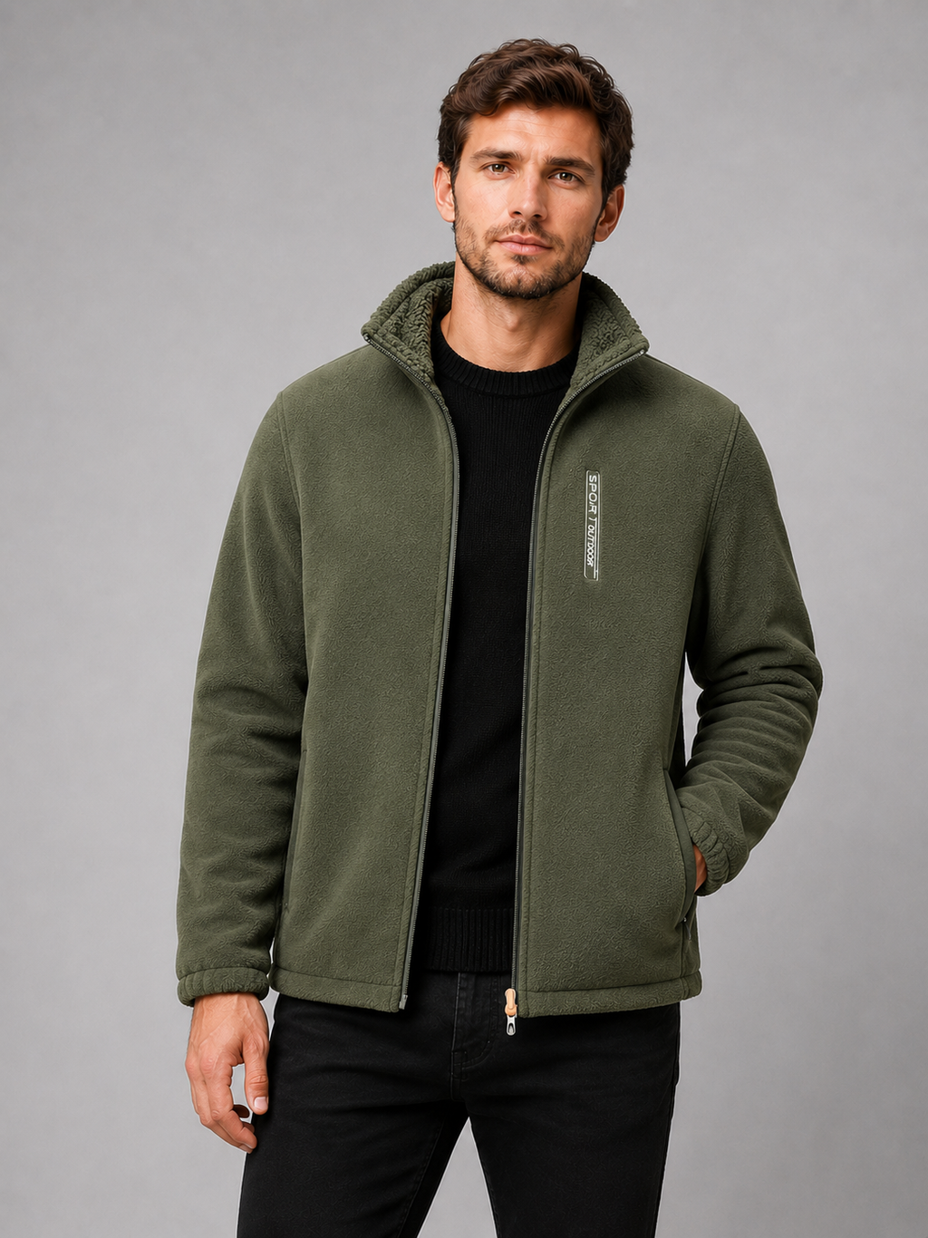 Front view of a man wearing a green polar fleece jacket with a windproof design, full zip front, stand collar, and thick warm construction