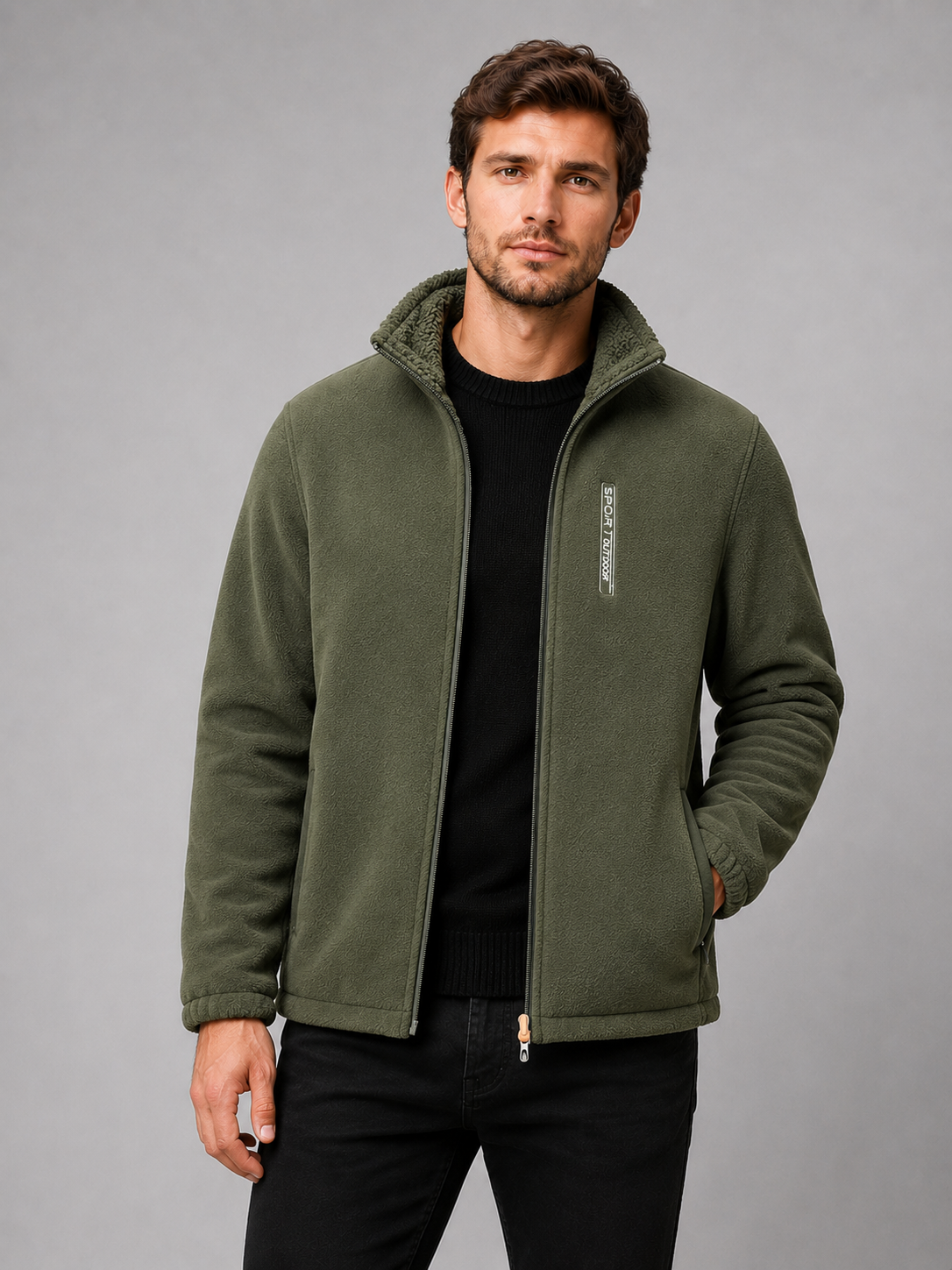 Front view of a man wearing a green polar fleece jacket with a windproof design, full zip front, stand collar, and thick warm construction