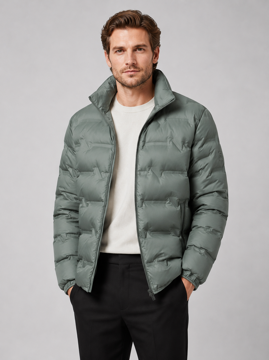 Men wearing green white duck down puffer jacket thick warm stand collar winter outdoor style