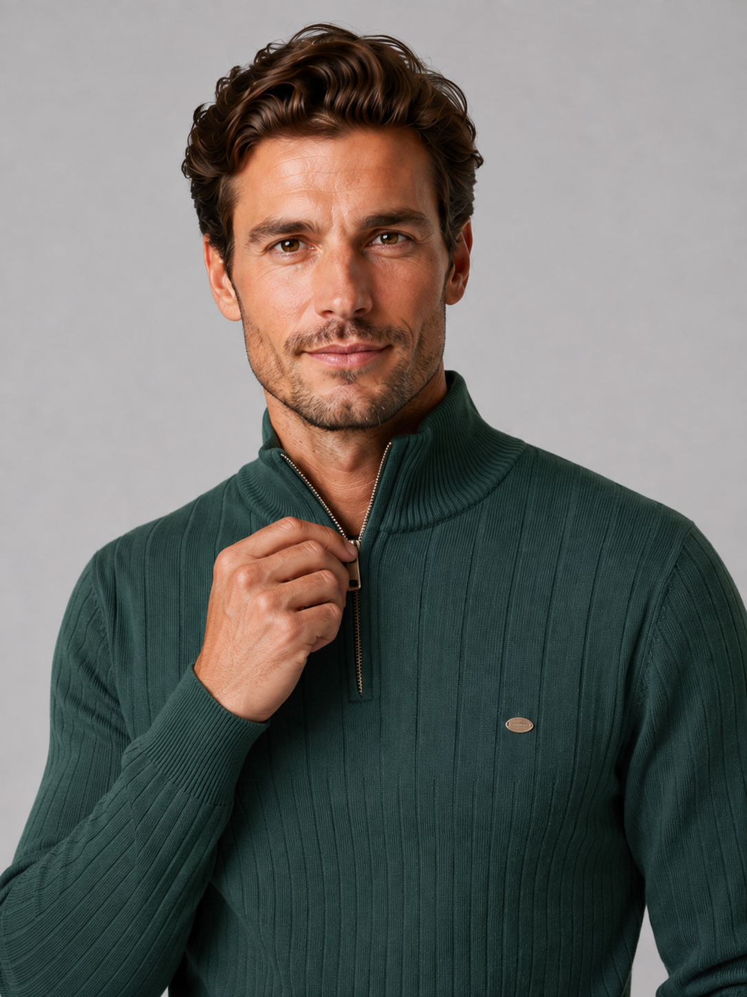 Close-up of a green quarter zip pullover sweater showing the cotton knit texture, stand collar, zipper placket, cuffs, hem, and stitching details