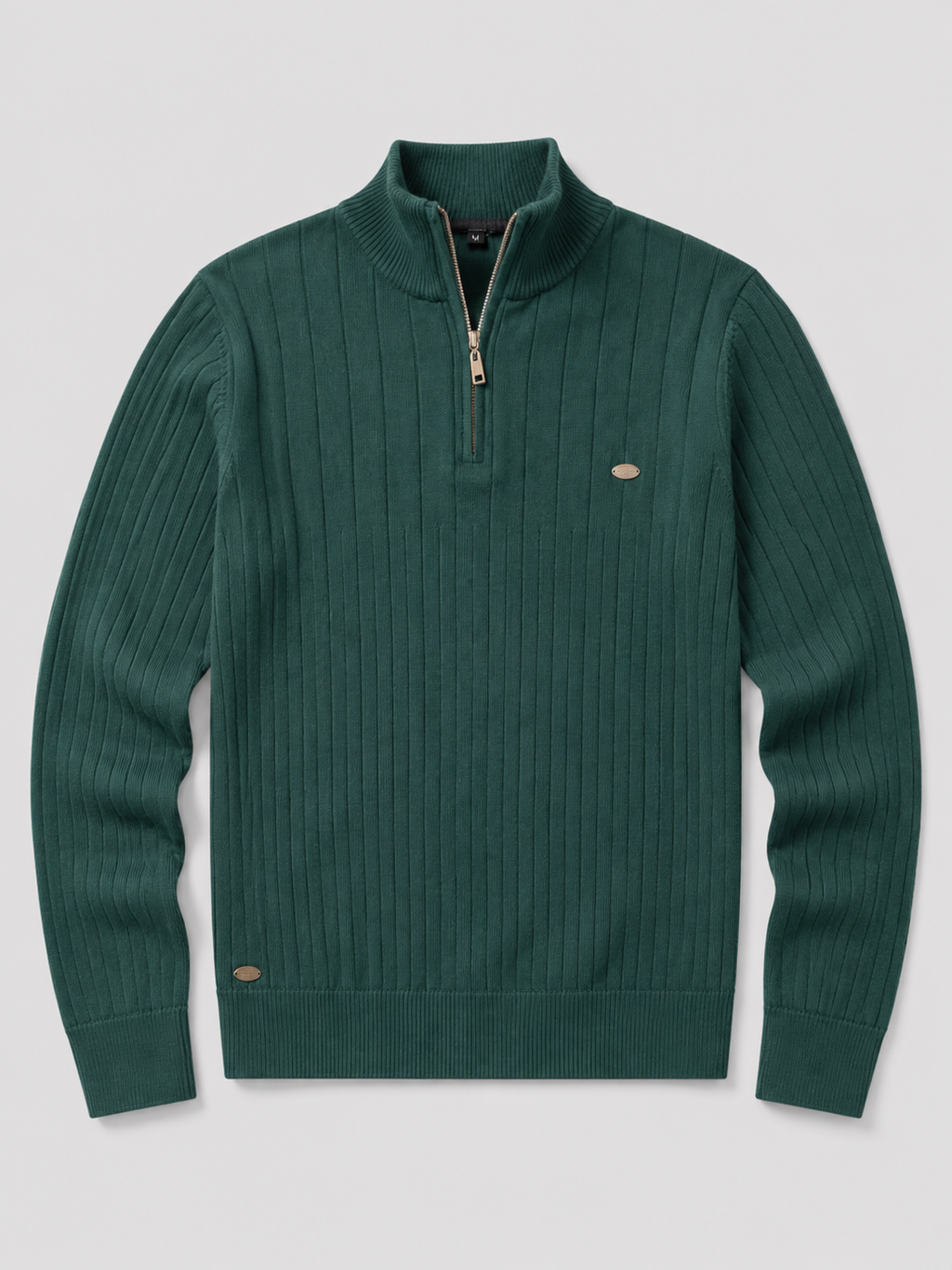 Green men’s quarter zip cotton knit pullover sweater with a stand collar displayed on a plain background