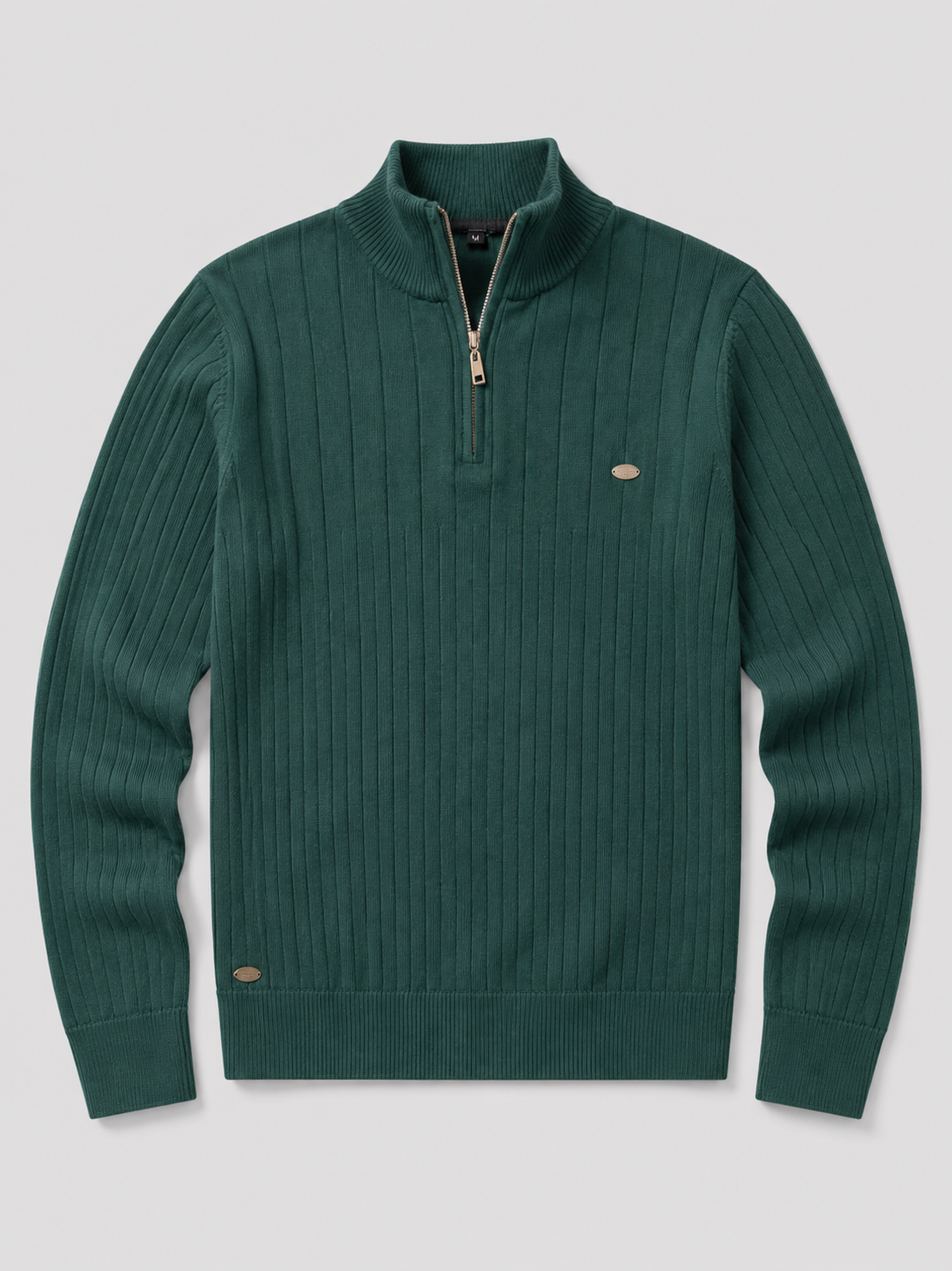 Green men’s quarter zip cotton knit pullover sweater with a stand collar displayed on a plain background