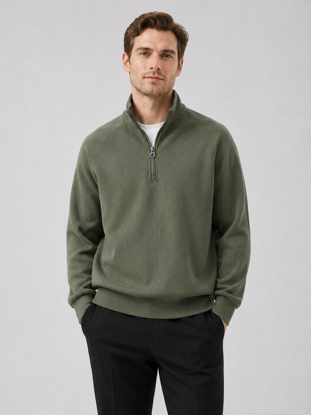 Men wearing green quarter zip sweater loose fit stand collar fall casual style