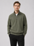 Men wearing green quarter zip sweater loose fit stand collar fall casual style