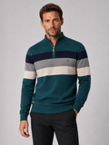 Front view of a man wearing a green patchwork cotton quarter zip sweater with a mock neck and long sleeves