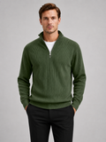 Men wearing green ribbed quarter zip sweater stand collar long sleeve fall winter business casual style