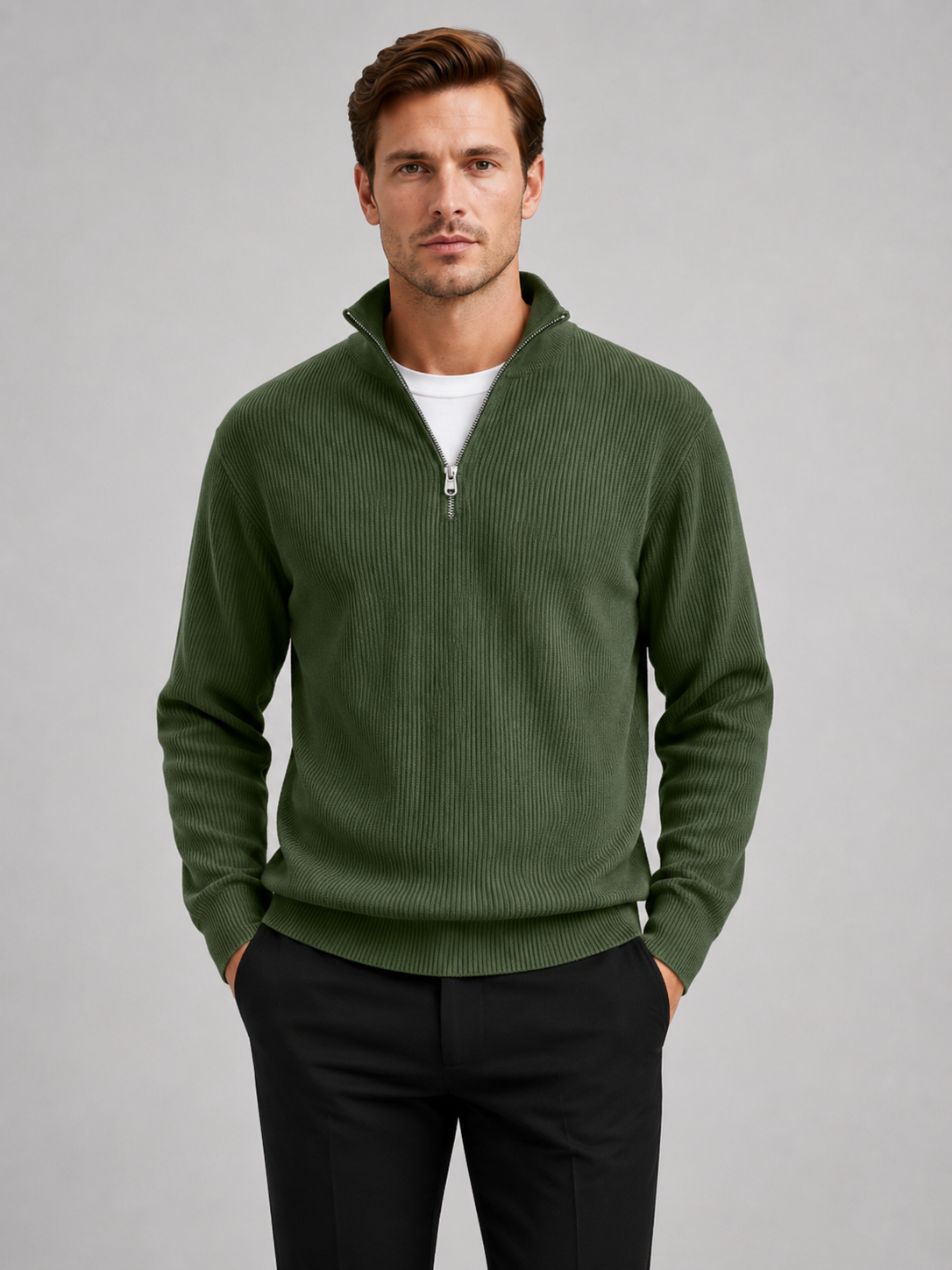 Men wearing green ribbed quarter zip sweater stand collar long sleeve fall winter business casual style