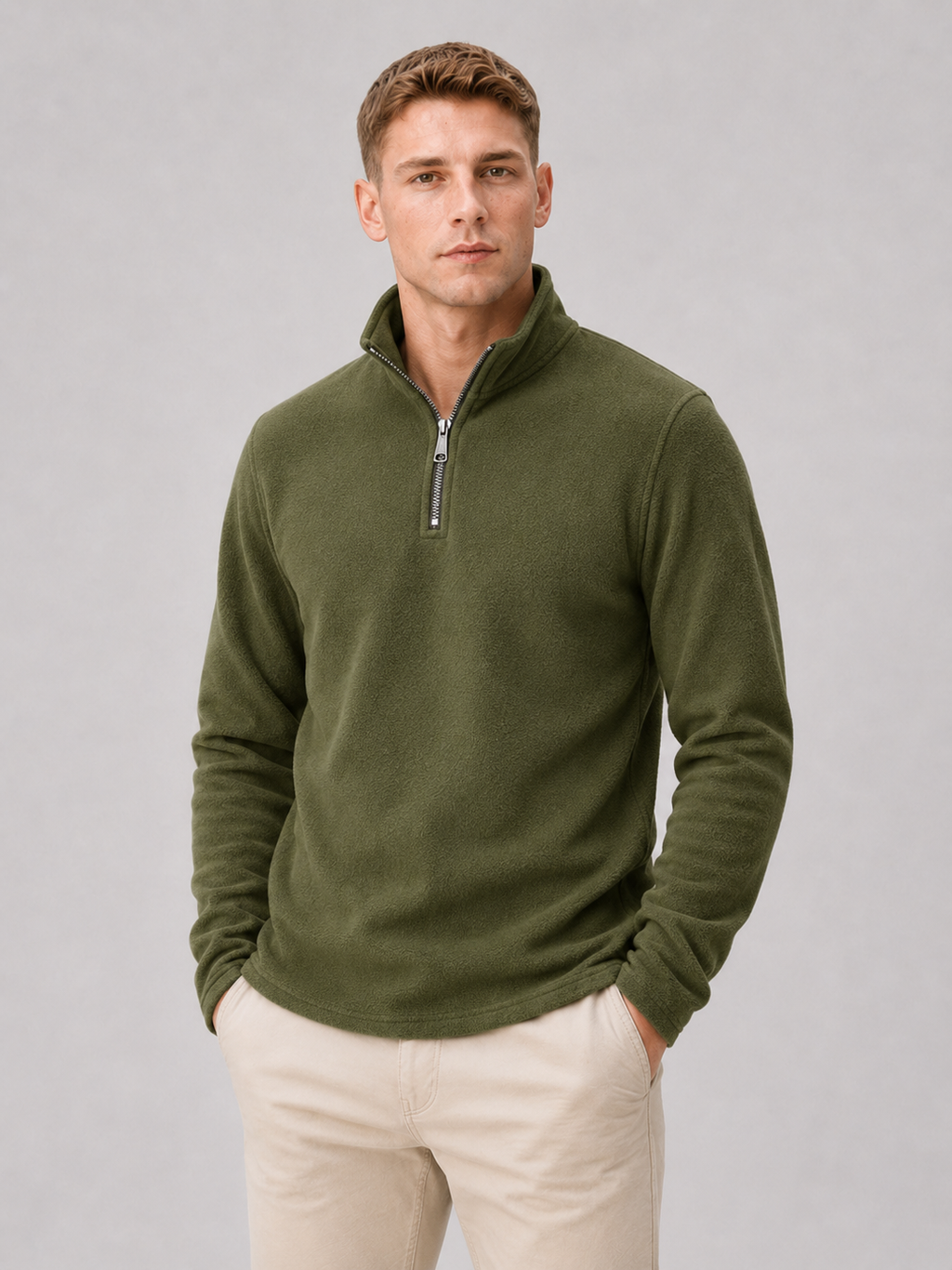 Men wearing green quarter zip fleece pullover thick warm winter casual outdoor style