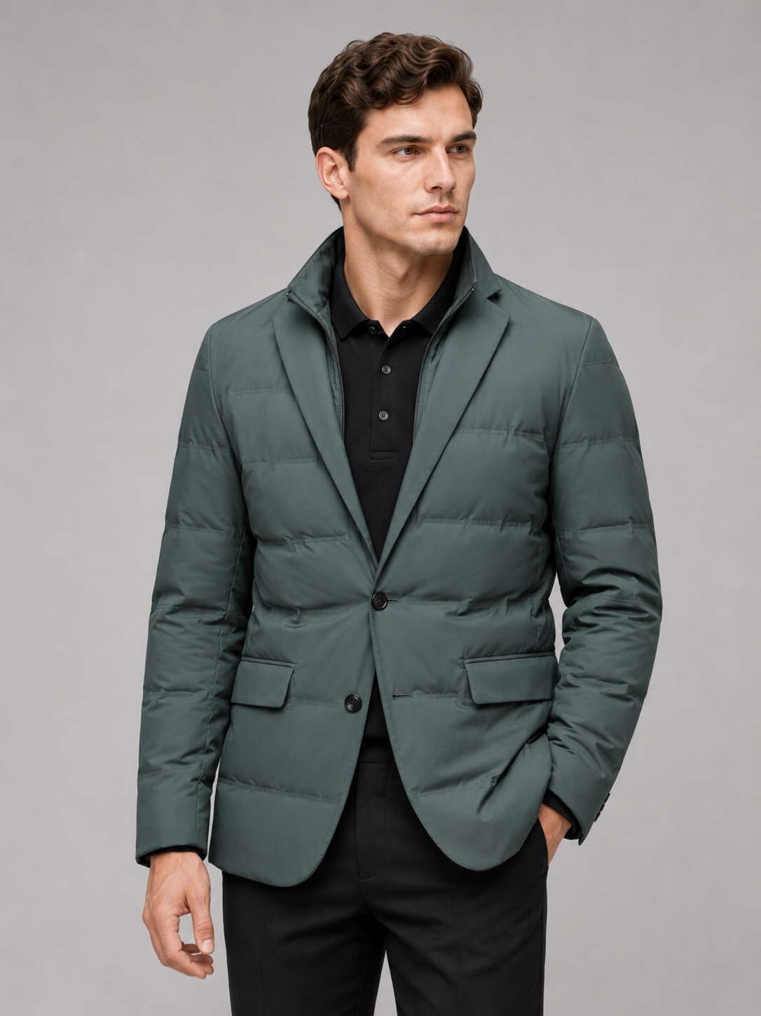 Men wearing green quilted jacket detachable stand collar warm winter business casual style