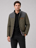 Men wearing green quilted jacket lightweight button down casual fall travel style
