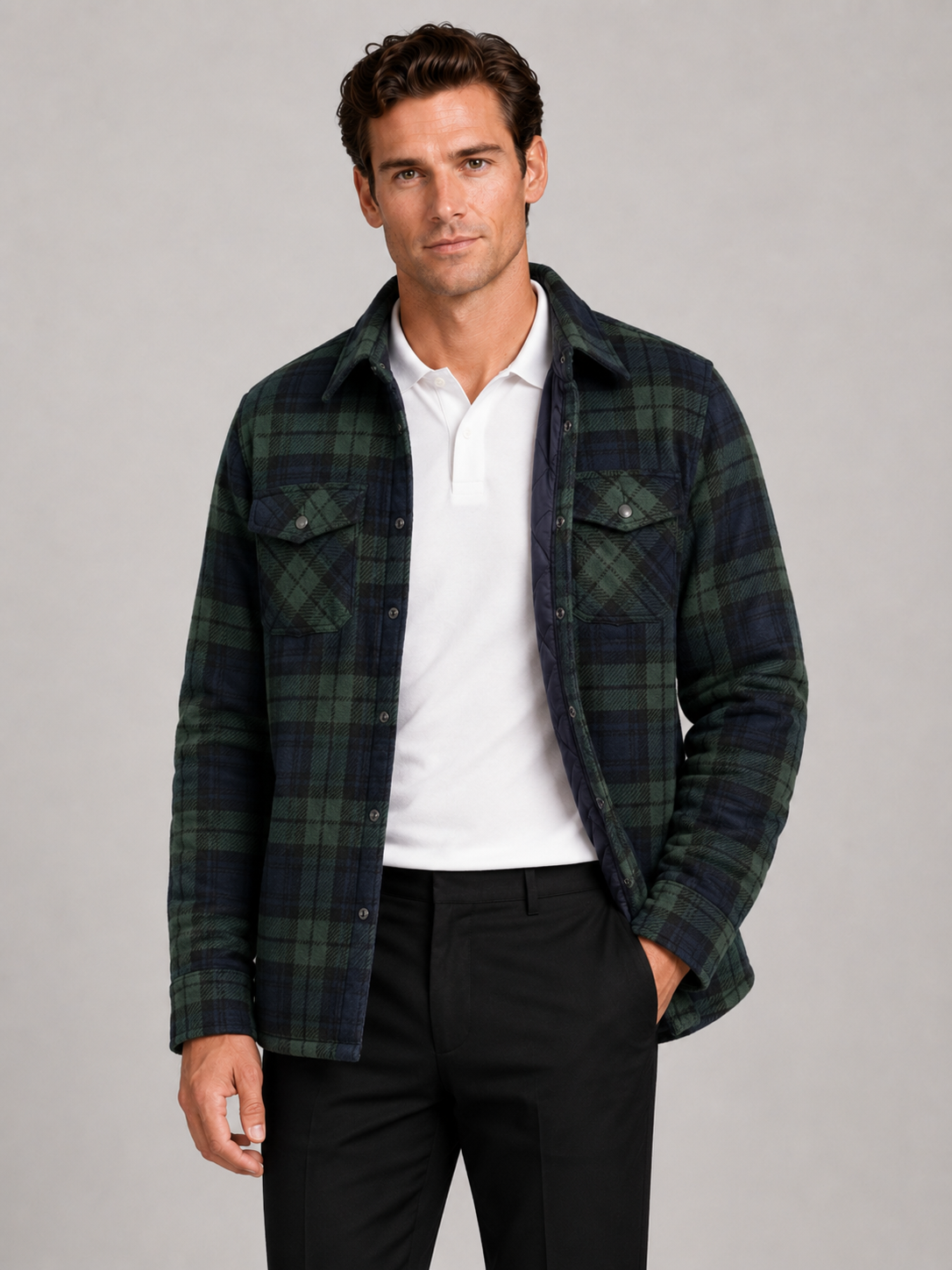 Men wearing green quilted jacket plaid flannel lined casual winter fall outdoor style
