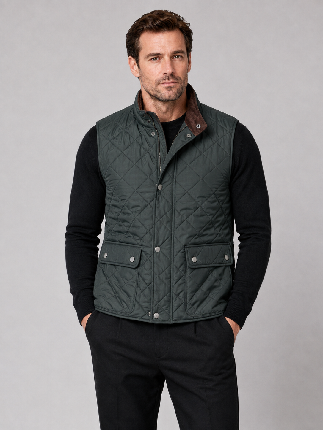 Front view of a man wearing a green quilted vest with a polo collar, padded construction, and multiple utility pockets