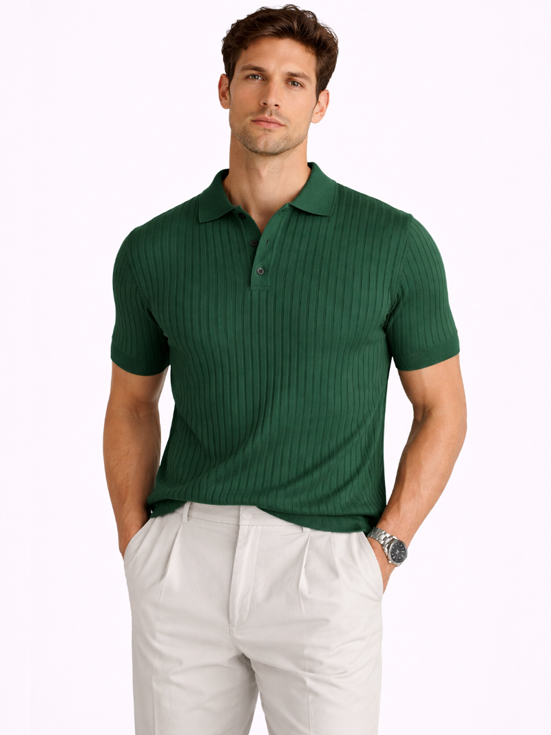 Green ribbed knit polo for men lightweight breathable summer luxury shirt tailored fit
