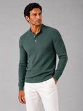 Men wearing green ribbed stripe long sleeve henley polo shirt slim fit autumn winter style