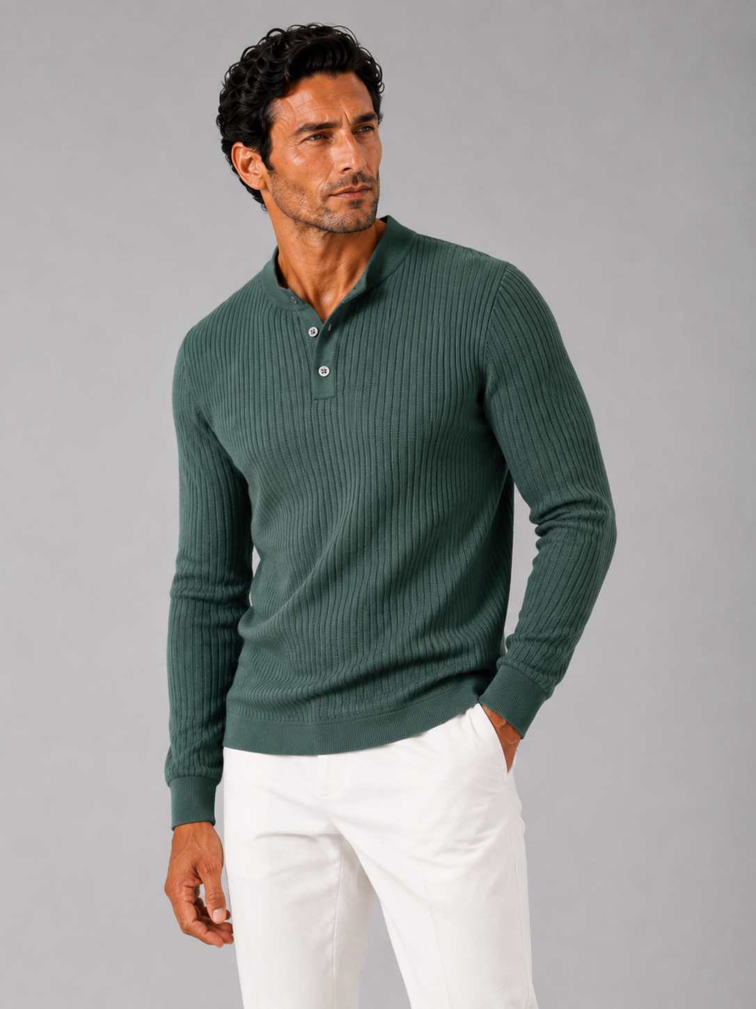 Men wearing green ribbed stripe long sleeve henley polo shirt slim fit autumn winter style