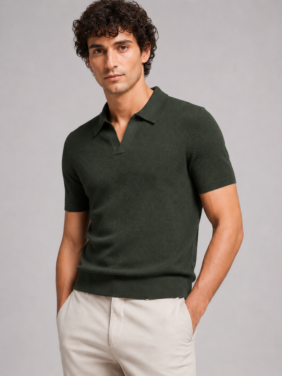 Men wearing green knit polo shirt lightweight breathable stretch short sleeve summer style
