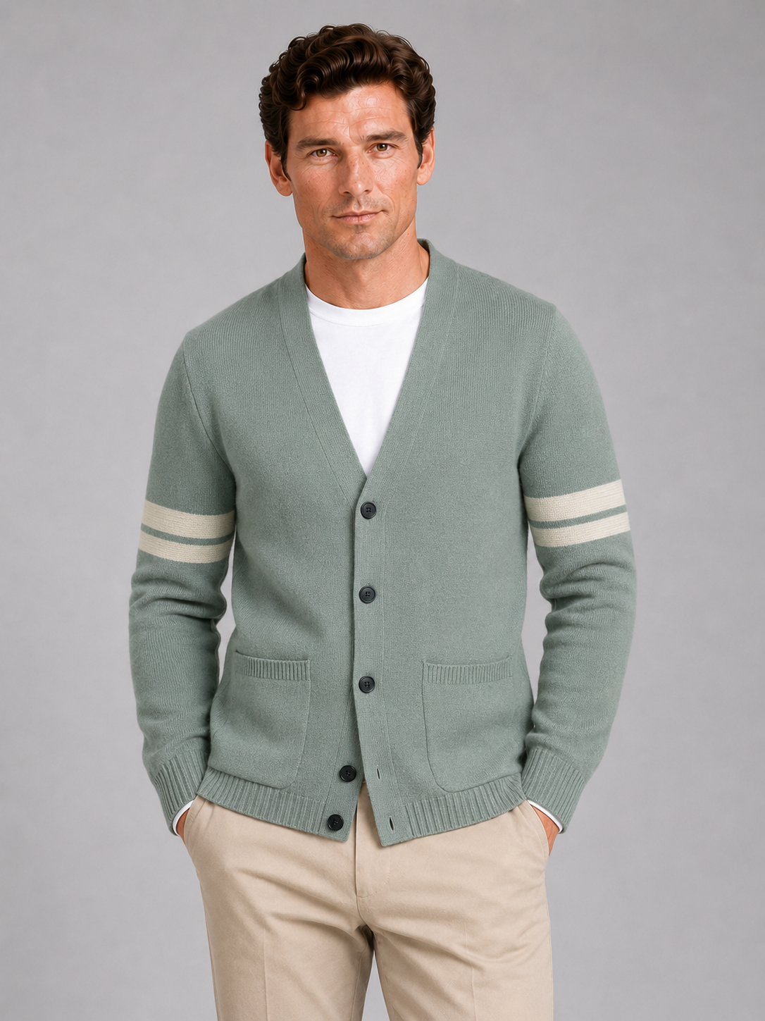 Men wearing green striped cardigan sweater long sleeve color block knit spring business casual style
