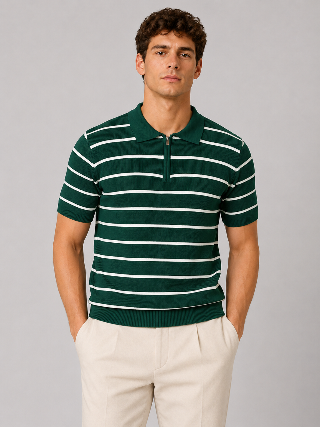 Green striped quarter zip polo shirt for men soft knit fabric business casual outfit