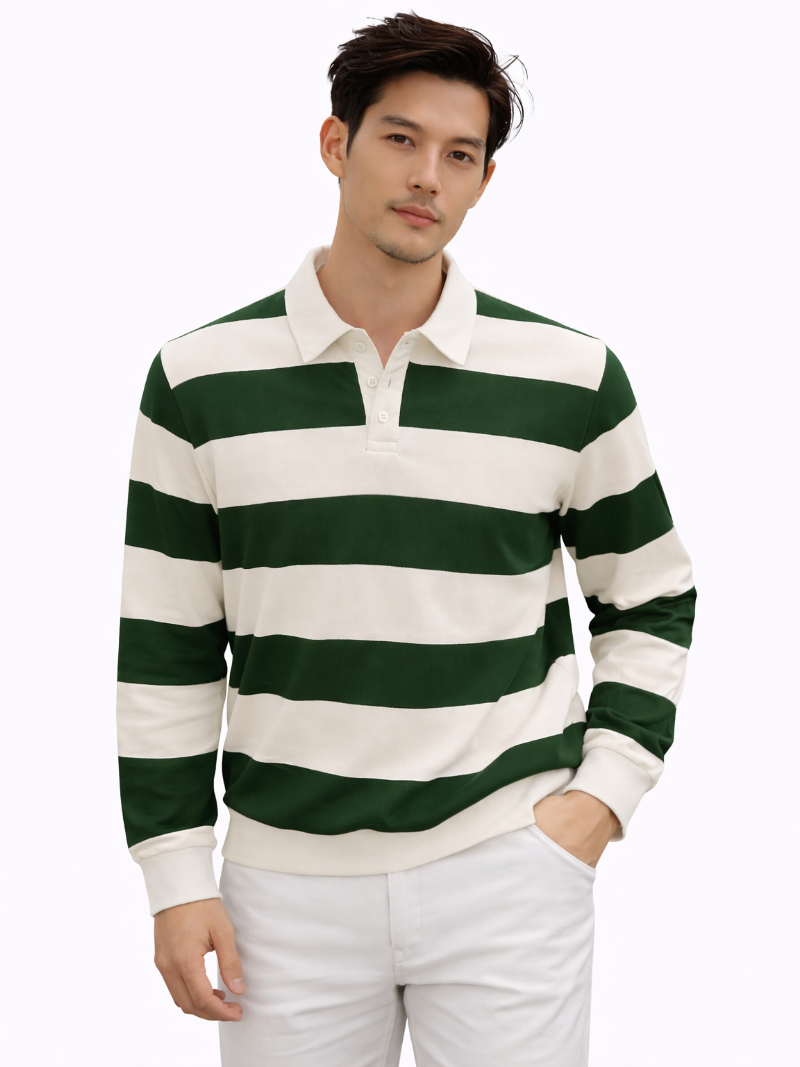 Men’s green and white striped long sleeve rugby polo shirt worn by model