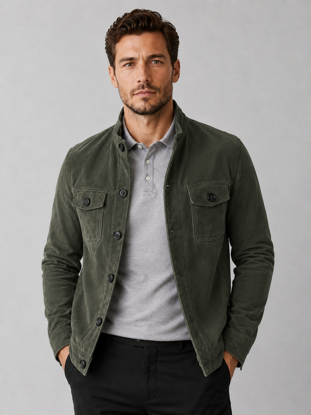 Men wearing green suede chore jacket soft fabric casual fall streetwear style