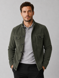 Men wearing green suede chore jacket soft fabric casual fall streetwear style