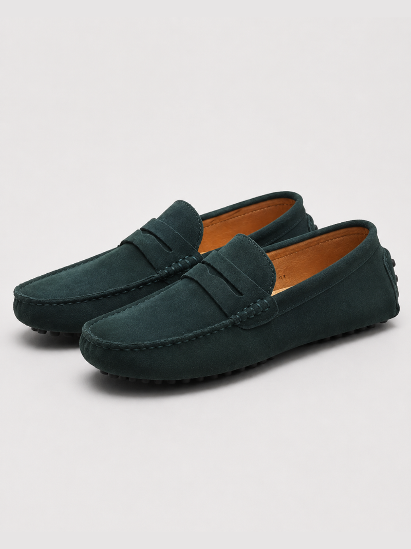 Green suede penny loafers for men genuine leather moc toe design lightweight casual shoes