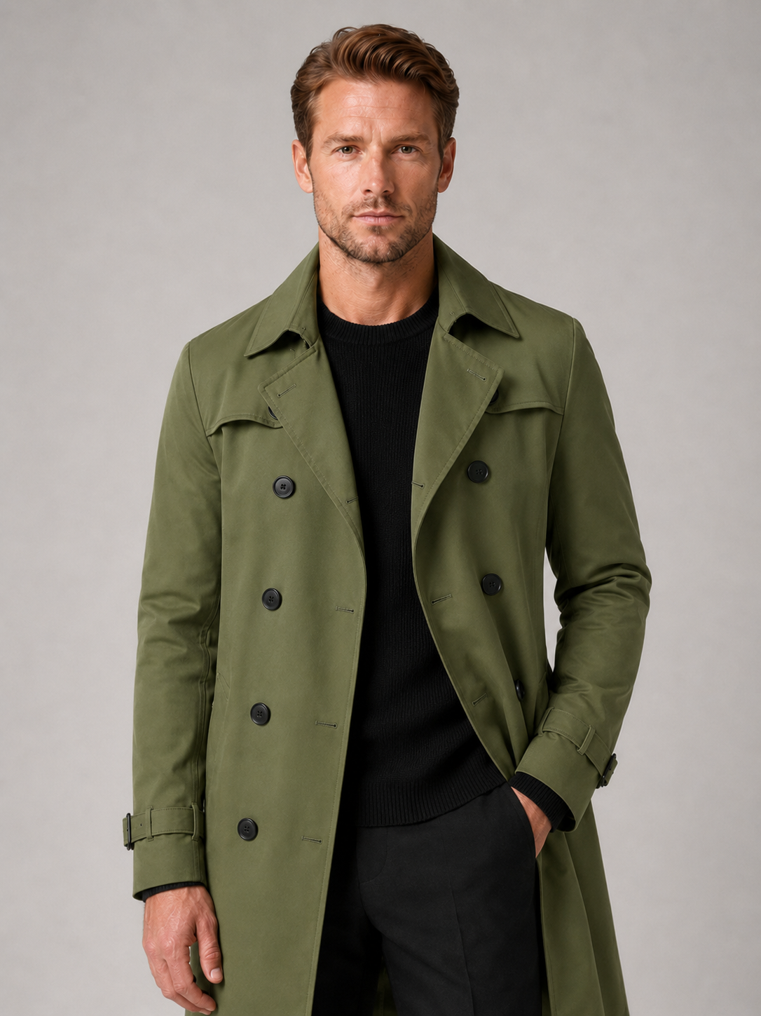 Men wearing green double breasted trench coat knee length windproof fall casual style