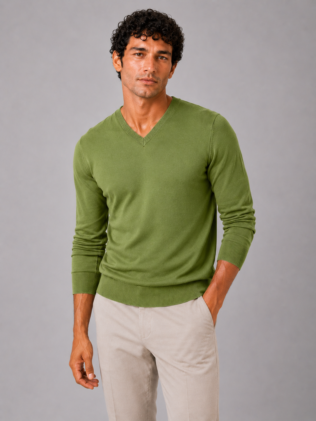 Men wearing green v neck knit sweater slim fit long sleeve lightweight fall casual style