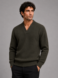 Men wearing army green v neck heavyweight knit sweater thick long sleeve fall winter style