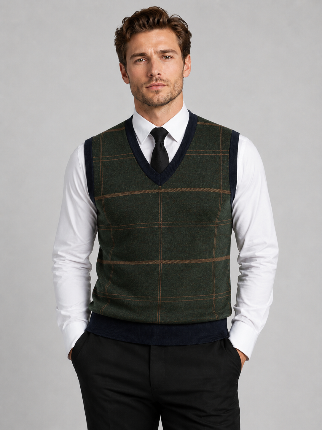 Front view of a man wearing a green V-neck sweater vest with a diamond cable knit pattern and warm pullover design