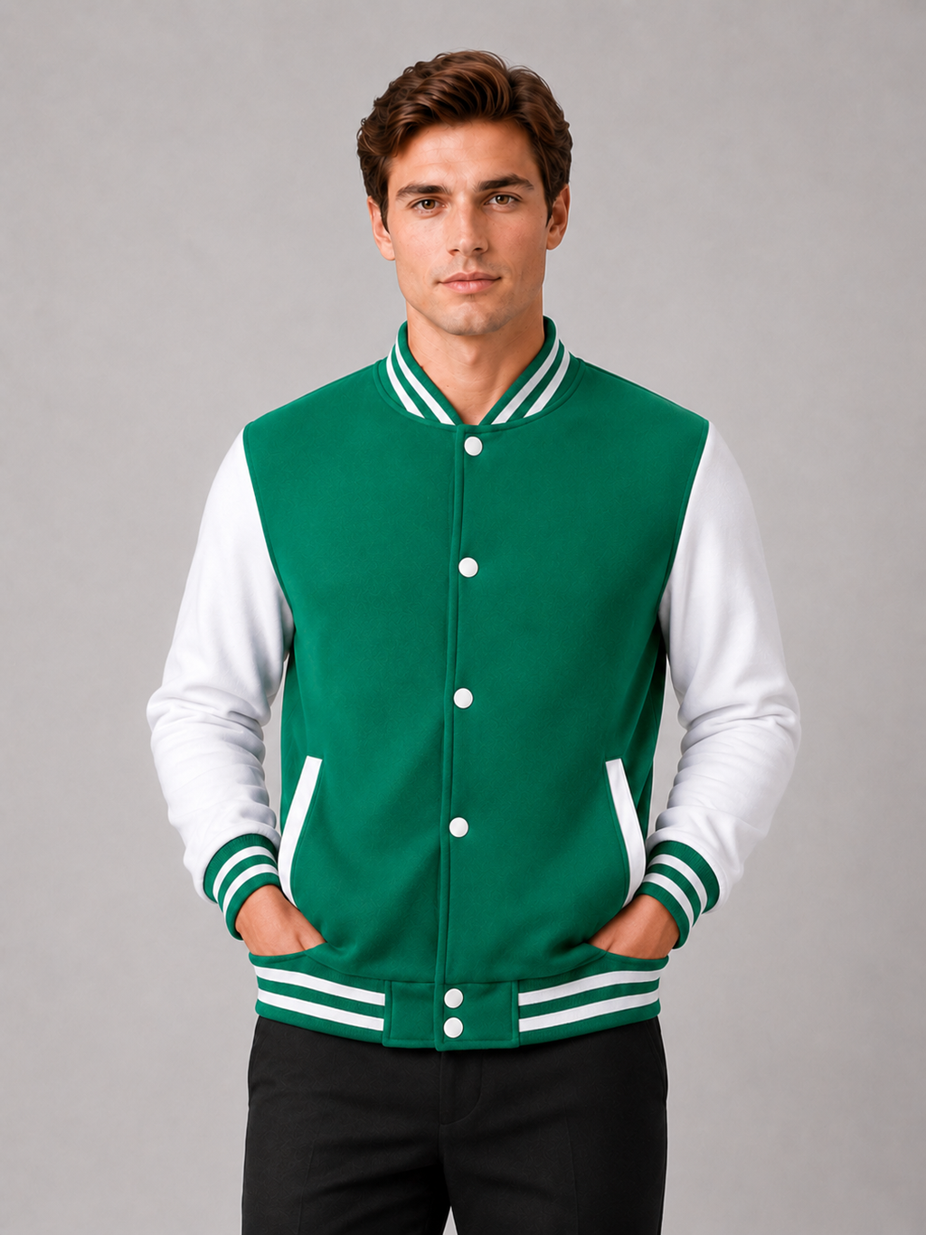Men wearing green varsity jacket fleece lined color block button front fall winter baseball style