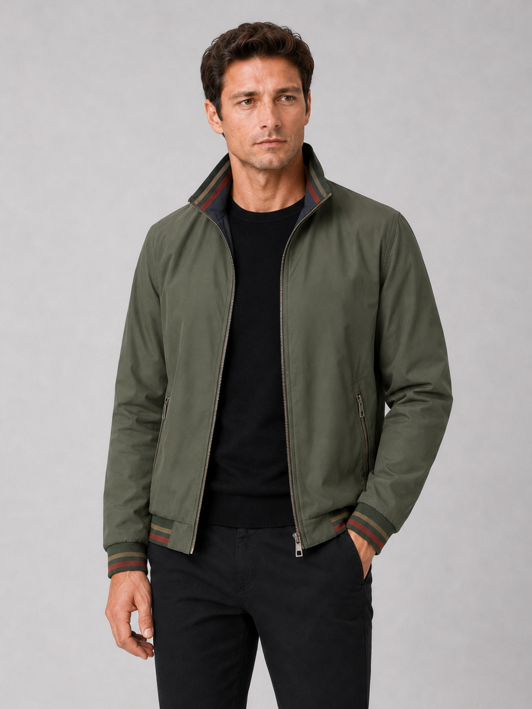 Men wearing green varsity jacket reversible snap button baseball jacket for streetwear style