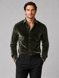 Men wearing green velvet button up shirt long sleeve lapel fall winter business casual style