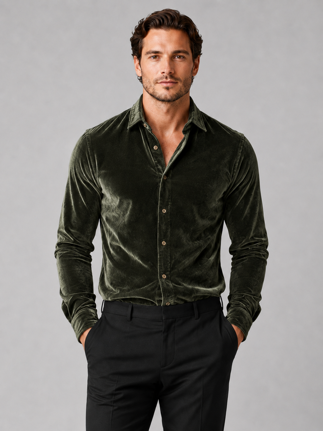 Men wearing green velvet button up shirt long sleeve lapel fall winter business casual style