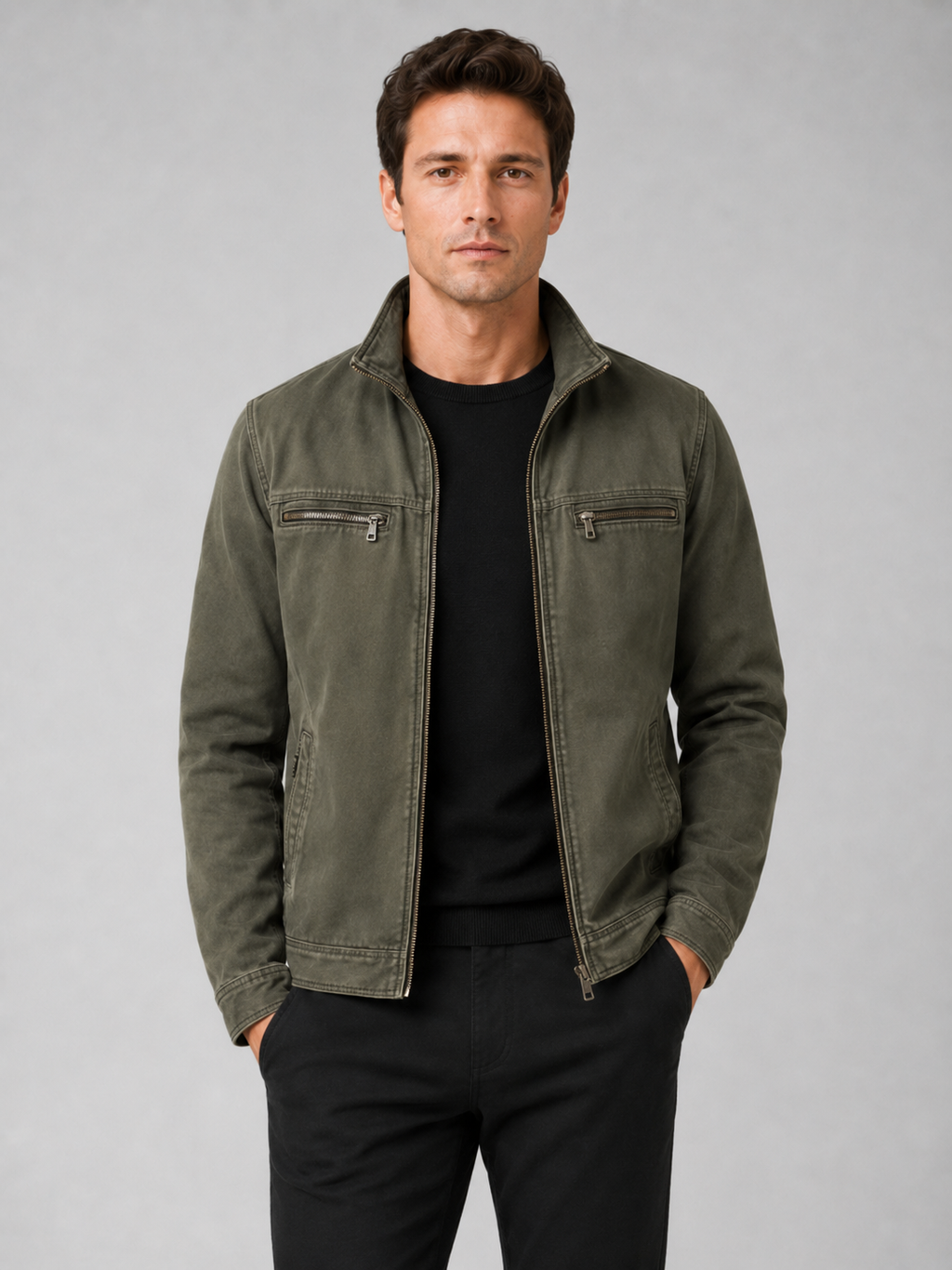 Men wearing green washed cotton fall jacket zip up lapel casual everyday style