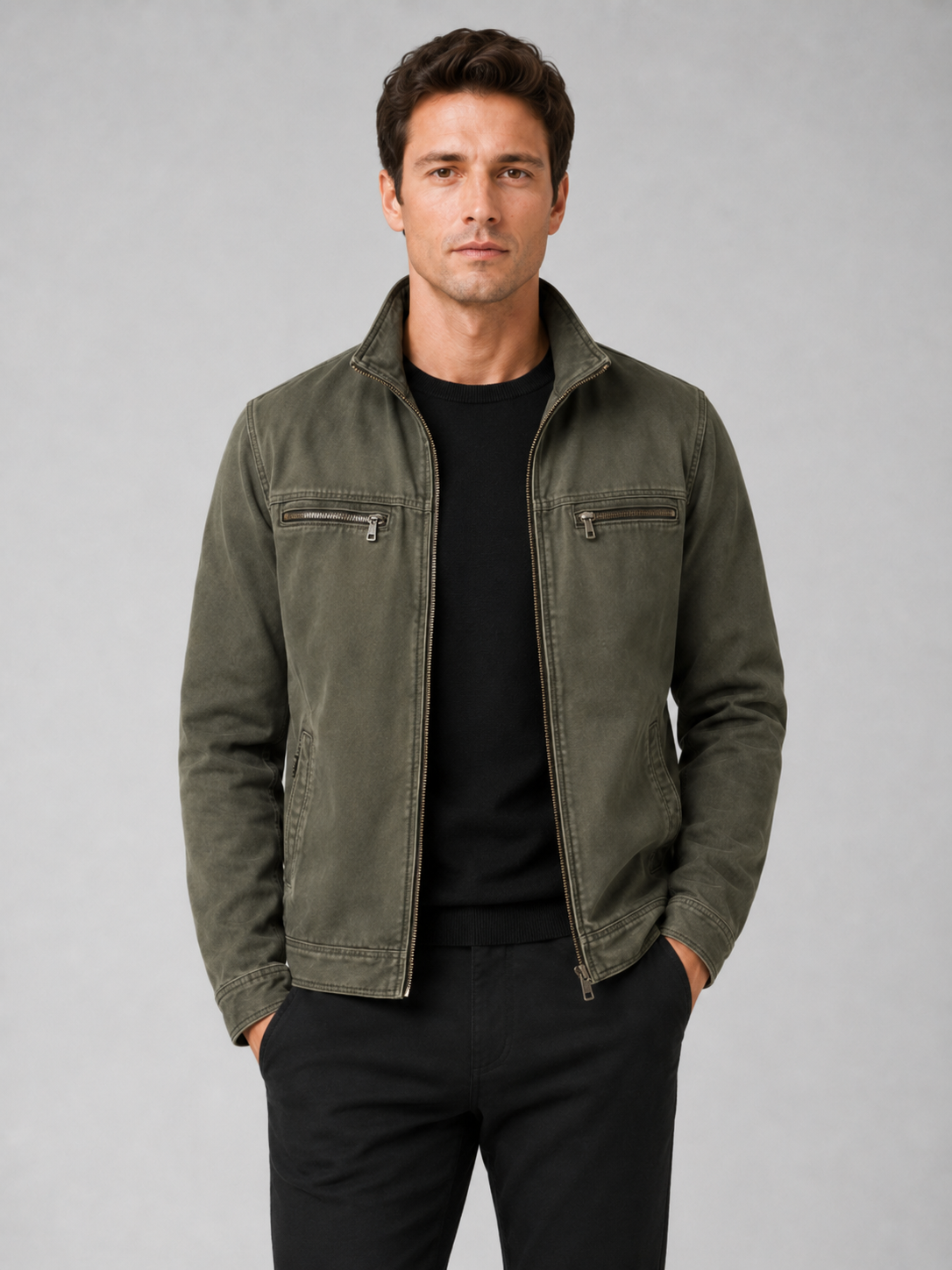 Men wearing green washed cotton fall jacket zip up lapel casual everyday style