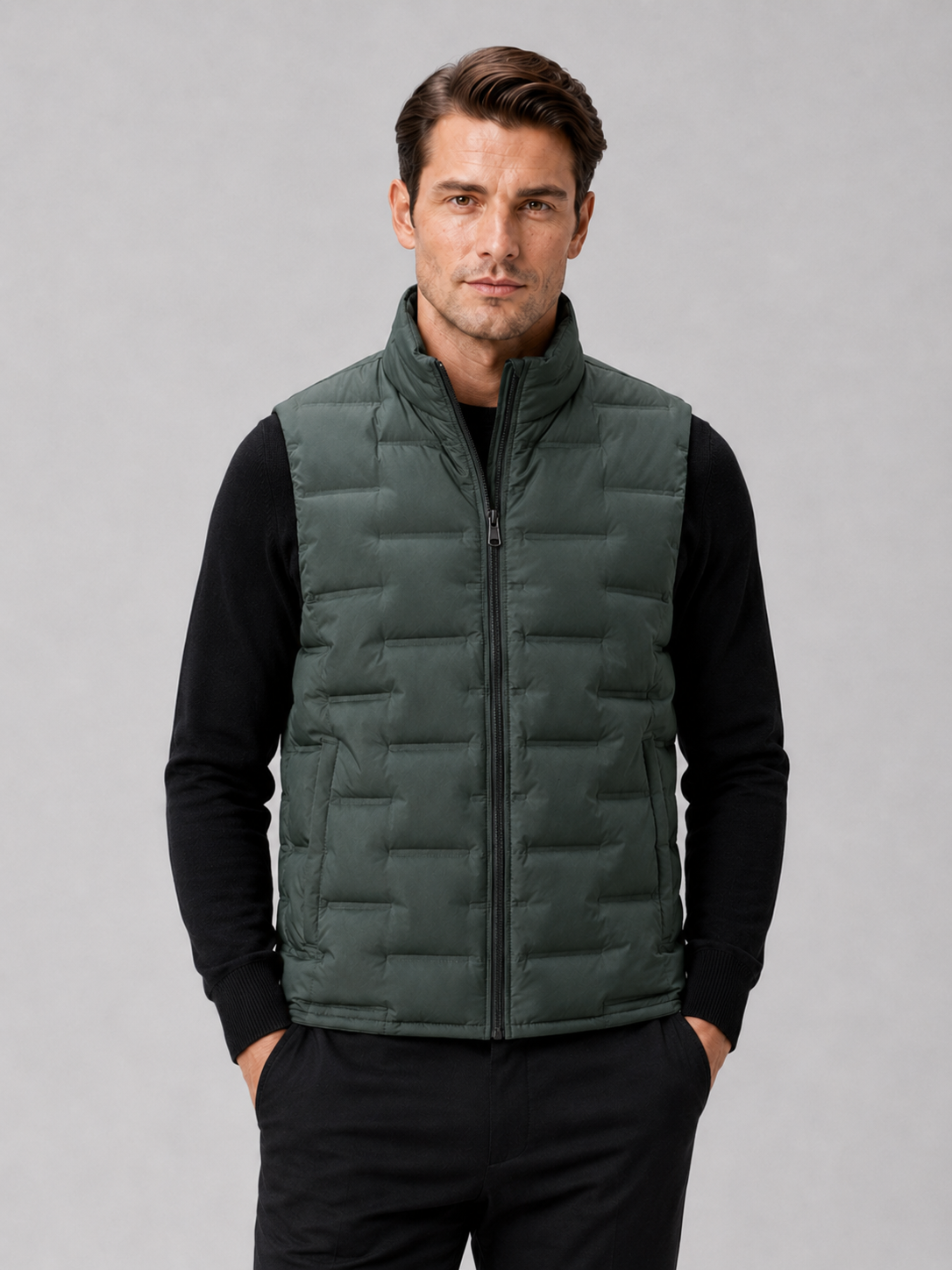 Men wearing green white duck down vest stand collar windproof waterproof lightweight winter casual style