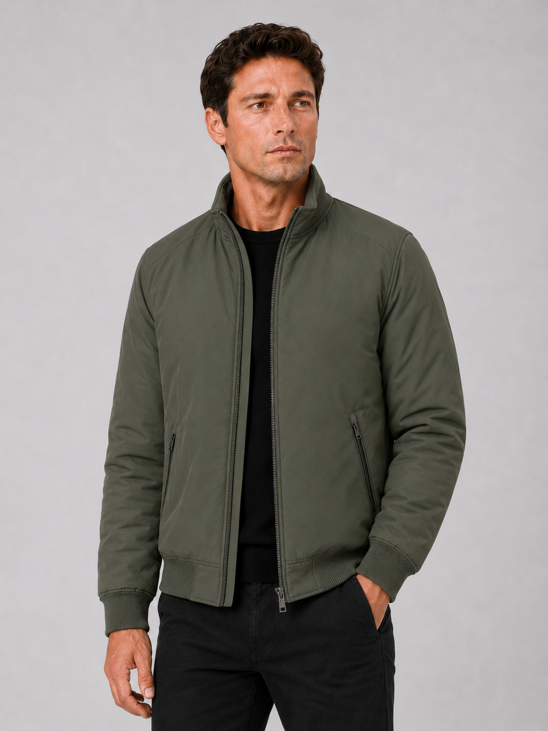 Men wearing green winter fall jacket fleece lined thick warm business casual office style